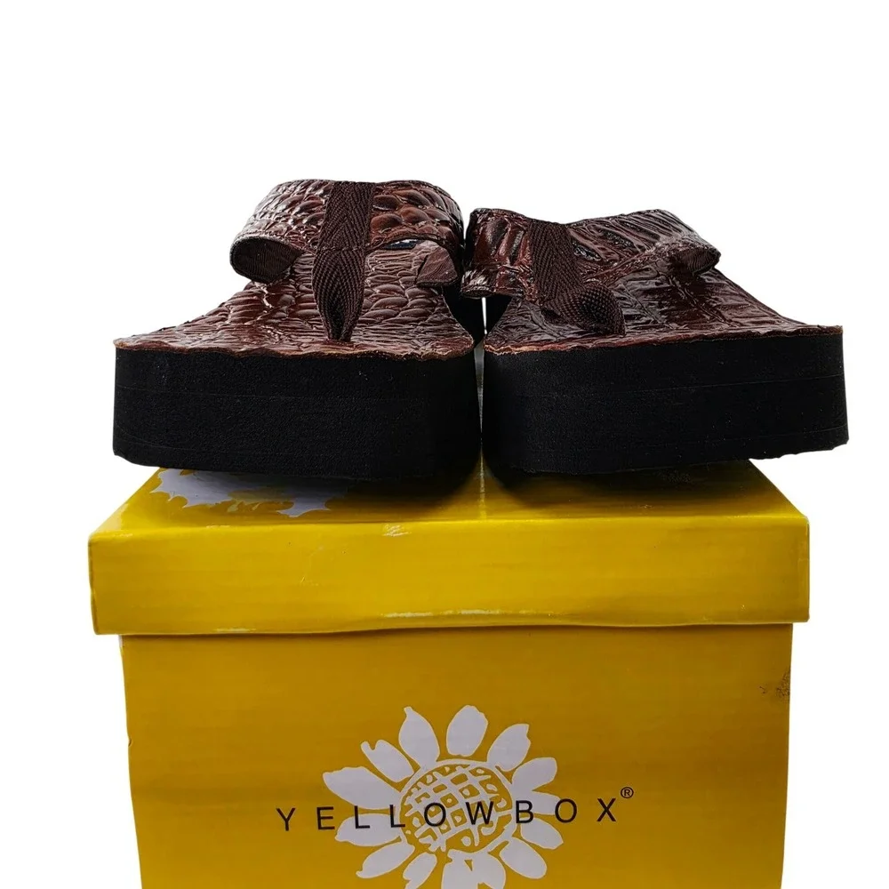 Yellow Box Toga Brown Croc Embossed Leather Platform Flip Flop Sandals Womens 7 - Picture 5 of 10